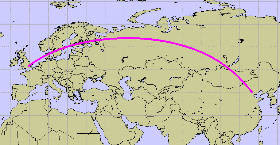 Figure 11 Two-point geodetic polyline, showing the geodesic path from Heathrow to Beijing. A Dynamic Arc map
