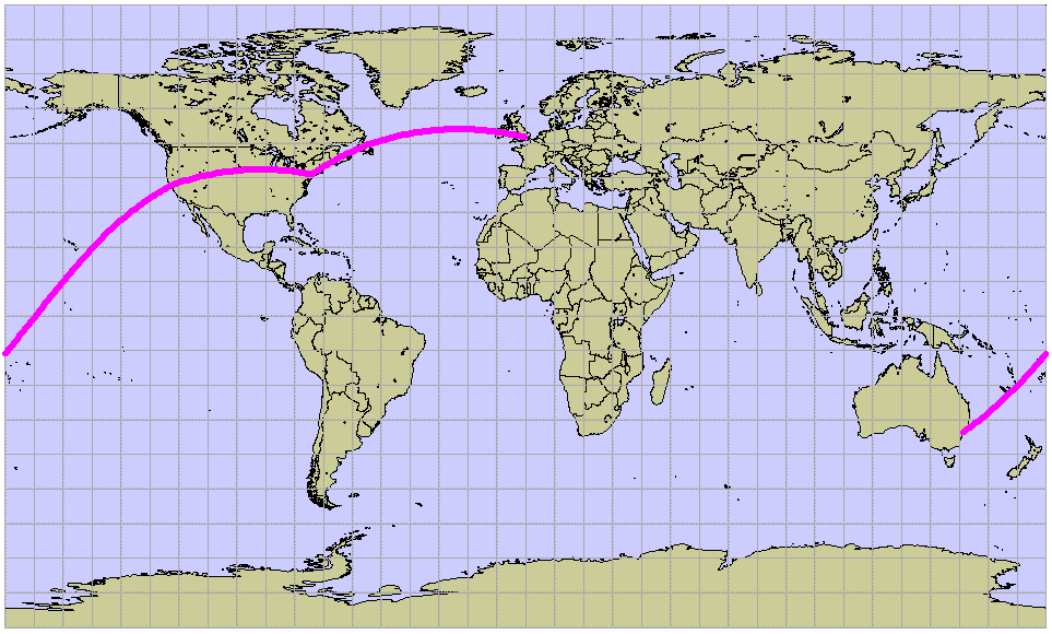 Figure 12 Single geodetic polyline with four points, travelling through Sydney, San Francisco, New York and London.