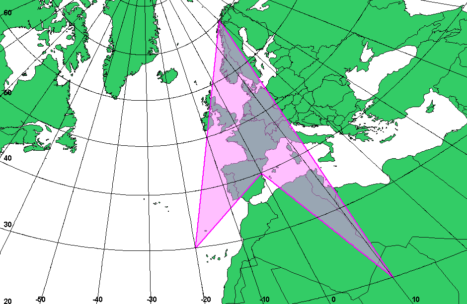 Figure 15 Four-point geodetic polygon, but on a gnomonic projection. In this projection, geodesics are straight lines, so the geodetic polygon looks like a standard polygon. The distortion in its shape is due to the centre of projection being off to one side of the geometry