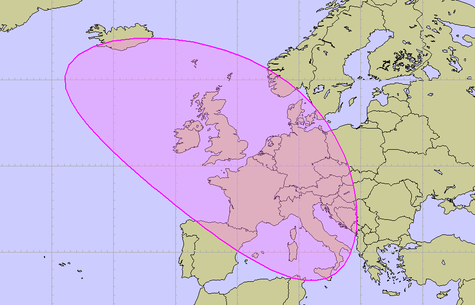 Figure 16 Geodetic ellipse centred on London; x-radius 1000km, y-radius 2000km, rotation 45°.