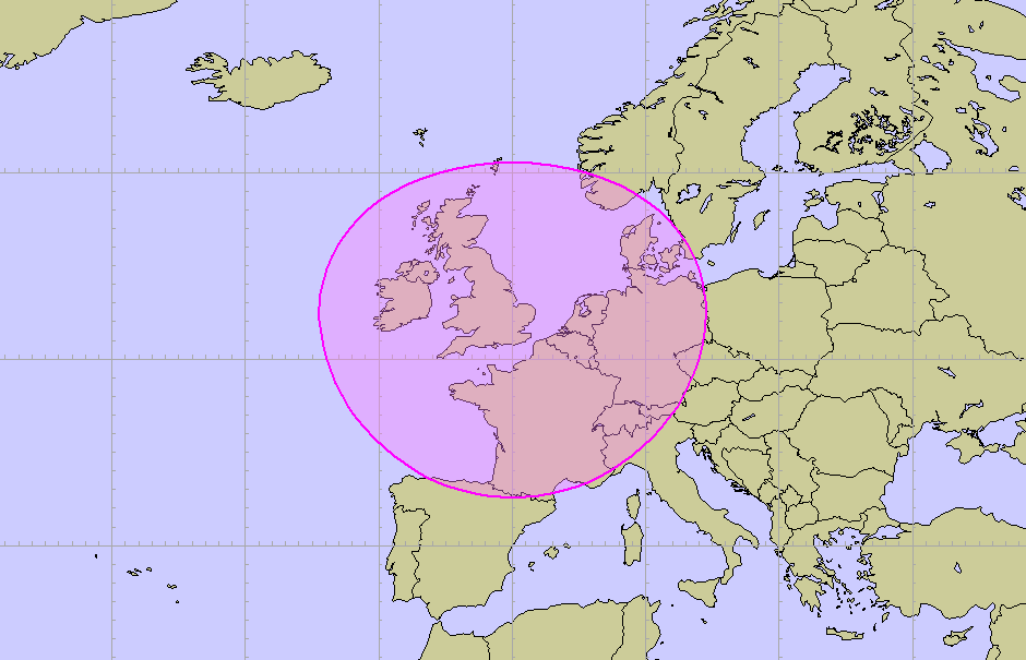 Figure 17 Geodetic ellipse centred on London; x- and y-radius 1000km