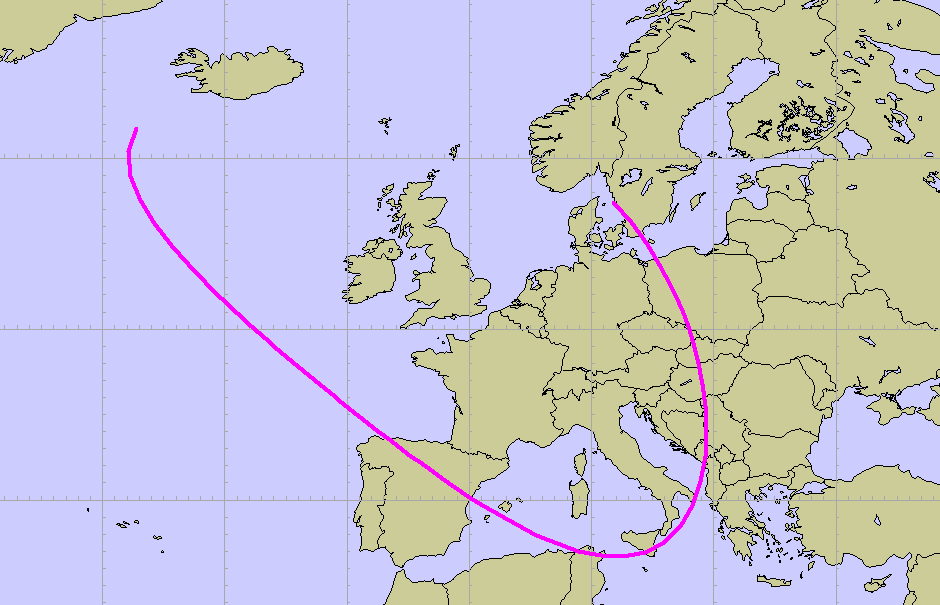 Figure 19 Geodetic arc centred on London; x-radius 1000km, y-radius 2000km, rotation 45°.