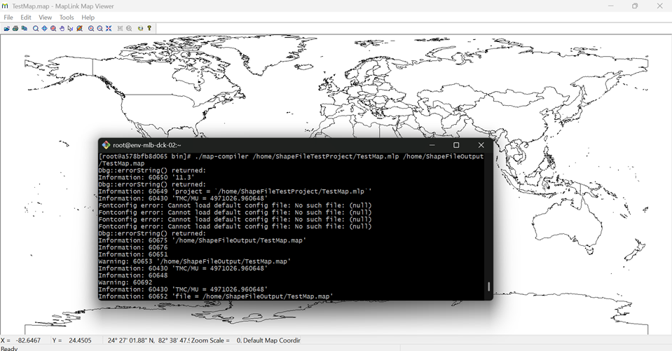 A terminal displays map-compiler execution and output. The resulting MapLink Map is displayed in Map Viewer.